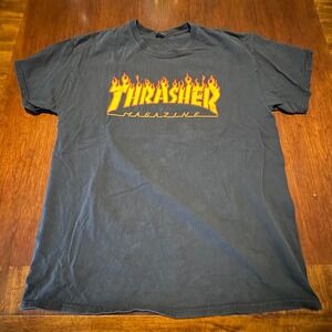 Thrasher Magazine Flame Logo Graphic Tee - Vintage Black Faded Skateboarding L
